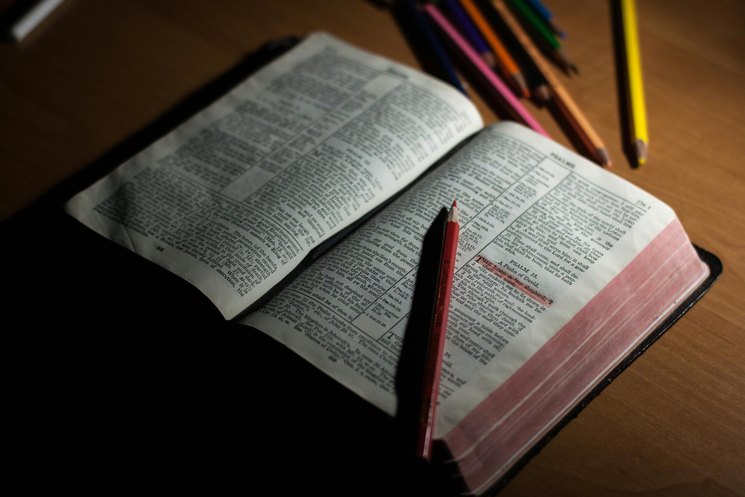 Biblia abierta con luz natural en un atril