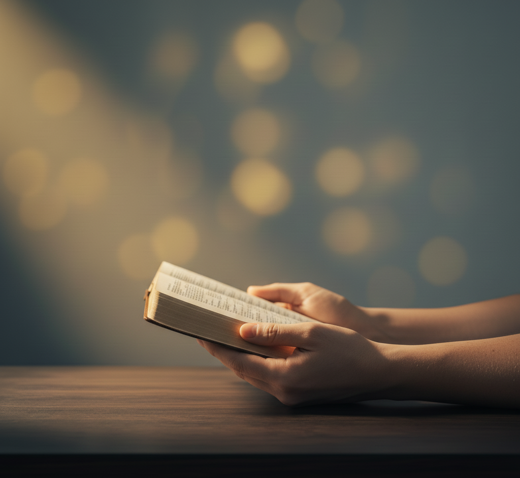Manos abiertas sosteniendo una Biblia, luz suave entrando por una ventana
