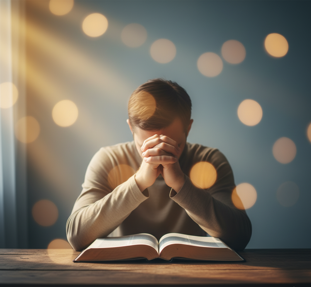 Persona en oración con la Biblia abierta, luz cálida en interiores